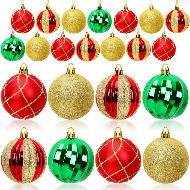 24pcs Christmas Ball Ornaments Set – Red, Green & Gold Shatterproof Xmas Tree Decorations – Hanging Baubles for Holiday, Party & Anniversary Decor