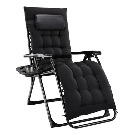 Zero Gravity Reclining Lounge Chair – Folding Patio Chair with Removable Soft Cushion & Cup Holder Tray – Supports 350lbs – Black
