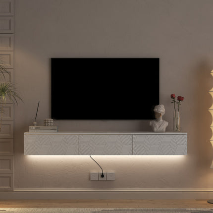 Modern Floating TV Stand with 16-Color LED Lights – Wall Mounted Entertainment Center for TVs up to 65" – High Gloss White Media Console
