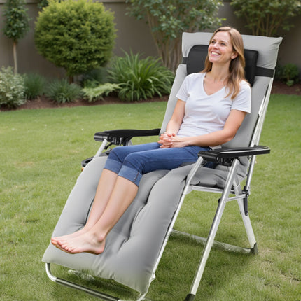 Zero Gravity Reclining Lounge Chair – Folding Patio Chair with Removable Soft Cushion & Cup Holder Tray – Supports 350lbs – Black