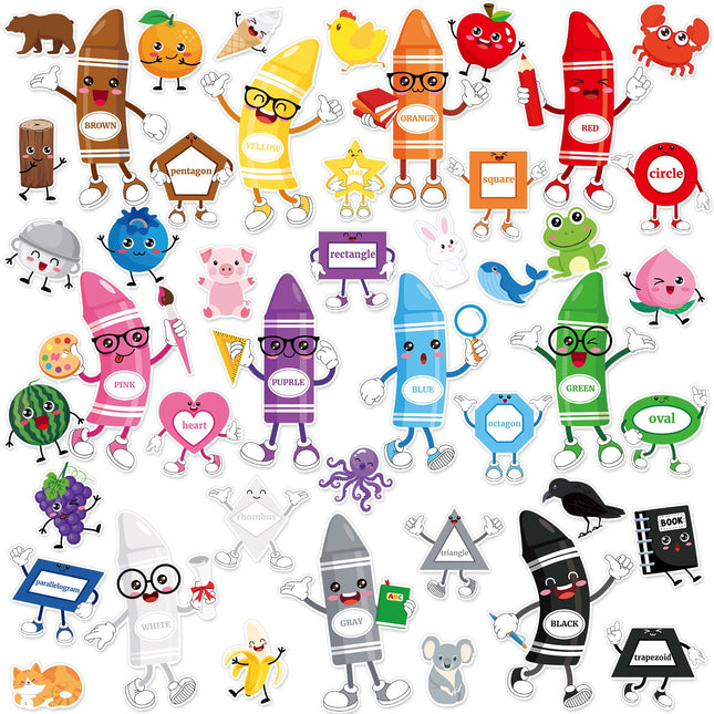 50 Pcs Colorful Bulletin Board Decorations – Crayon, Fruit & Animal Cutouts – Educational Color Posters for Toddlers & Preschool Classrooms – Back to School Decor