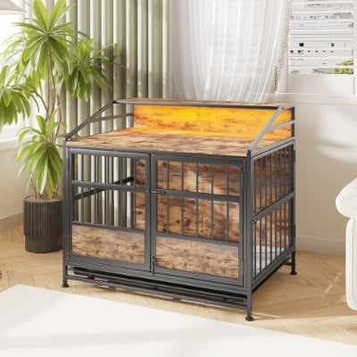 Luxury Furniture-Style Dog Crate with Storage Shelves – Large Wooden Pet Kennel with Double Doors – Decorative Dog House & Console Table (Rustic Brown)