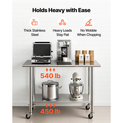 Stainless Steel Commercial Work Table – Heavy Duty 24x48 Inch Food Prep Station with Wheels and Adjustable Undershelf for Kitchens & Garages