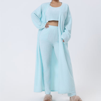 3-Piece Fluffy Lounge Set – Ultra-Soft Plush Knit Pajama Set – Cozy Crop Top, High Waist Pants & Long Cardigan Trio – Winter Warm Sleepwear