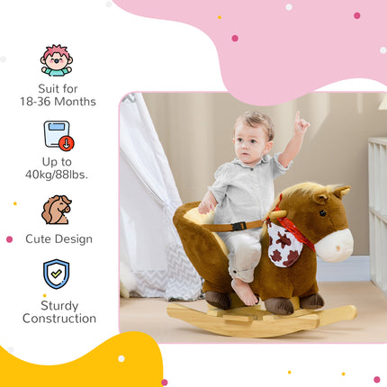 Plush Baby Rocking Horse with Realistic Sounds – Interactive Wooden Ride-On Toy with Safety Belt for Toddlers 18-36 Months