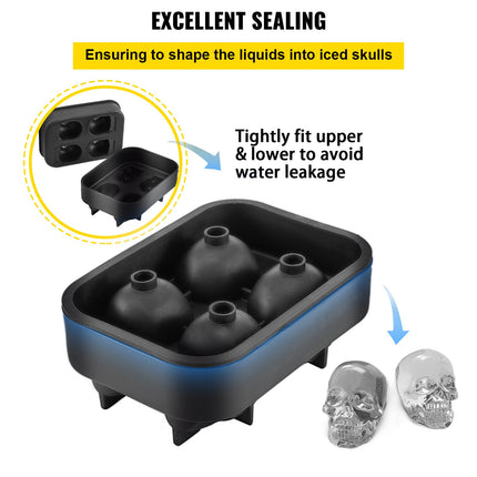 4-Grid Skull Ice Cube Tray – Flexible Silicone Mold with Lid & Funnel – 1.6"x1.8" Skull Ice Maker for Whiskey, Cocktails & Halloween
