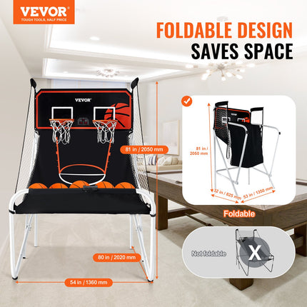 Foldable Dual Shot Basketball Arcade Game – 2-Player Indoor Hoop Set with 5 Balls & 8 Game Modes – Electronic Scoreboard for Kids & Adults