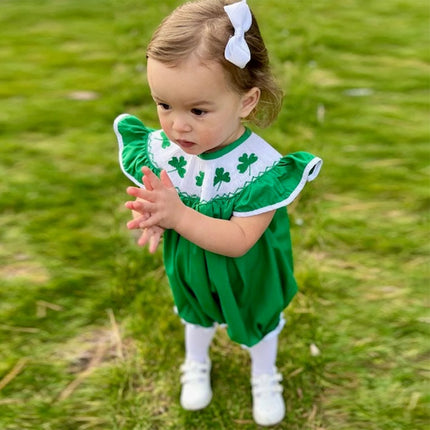 Baby Girl St. Patrick’s Day Smocked Romper – Four-Leaf Clover Embroidery Playsuit – Ruffle Trim Summer One-Piece