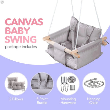 Premium Canvas & Wooden Baby Swing – Indoor/Outdoor Hanging Seat with Safety Belt – Modern Boho Infant Swing Chair – Taupe Gray