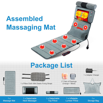 Advanced Full Body Electric Massage Mat – 10 Vibration Motors with Heat Therapy – 3D Neck Massager & Lumbar Support Pillow – Foldable Home Spa Mattress