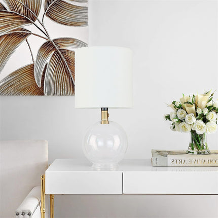 Minimalist Glass Table Lamp with Cylindrical Fabric Shade – Modern Bedside Nightstand Lamp for Bedroom & Living Room – Clear Glass Base