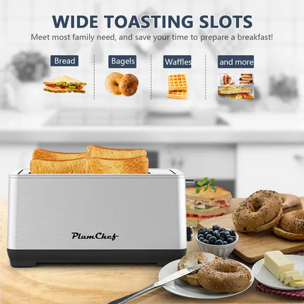 4-Slice Extra Wide Long Slot Toaster – Stainless Steel Bread Toaster with 6 Browning Settings – Bagel, Defrost & Reheat Functions
