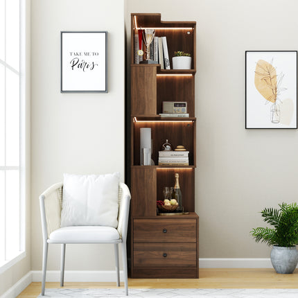 Walnut Corner Bookshelf with LED Lights – 4-Tier L-Shaped Display Stand with Drawers for Living Room & Home Office