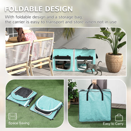 39" Portable Double Pet Carrier with Divider – Two Compartment Soft Cat & Dog Travel Bag – Foldable Green Carrier with Plush Cushions & Storage