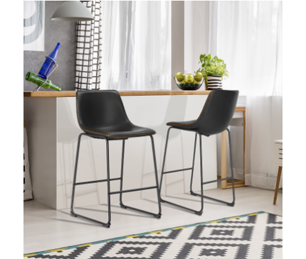 Mid-Century Modern Faux Leather Bar Stools (Set of 2) – Industrial Counter & Bar Height Seating for Kitchen & Dining