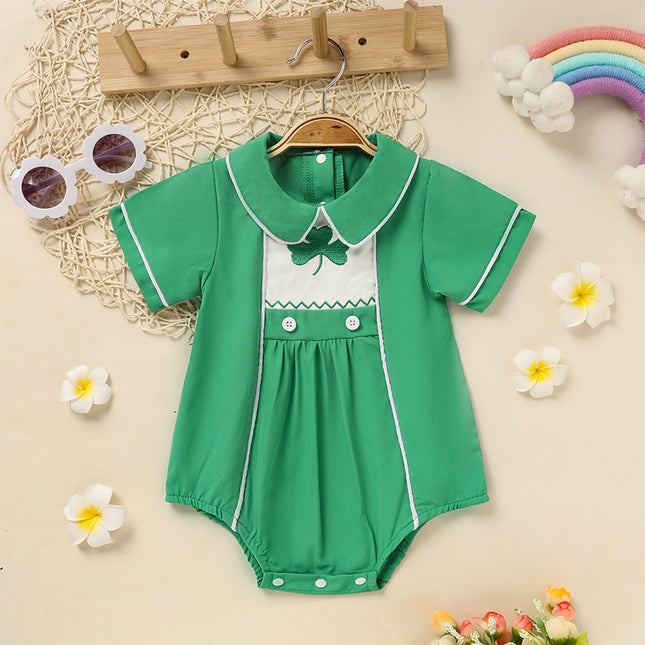 Baby Boy St. Patrick's Day Polo Romper – Green Lapel Short Sleeve Clover Print Playsuit – Lucky Charm Button-Down Bodysuit