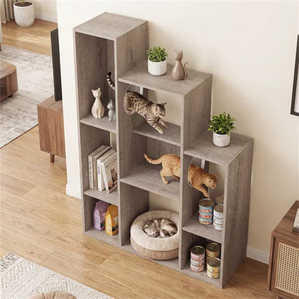 Multi-Level Cat Tree Bookshelf Cabinet – Gray Oak Wooden Pet Condo with 8 Storage Shelves for Living Room