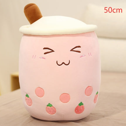 Cute Fruit Boba Tea Plush Pillow – Soft Strawberry Milk Tea Stuffed Toy – Kawaii Bubble Tea Cup Cushion for Kids & Teens (Pink/Brown)