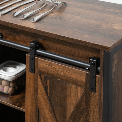 Industrial Sliding Barn Door Sideboard – Rustic Brown Buffet Cabinet with Adjustable Shelves for Kitchen, Dining & Living Room