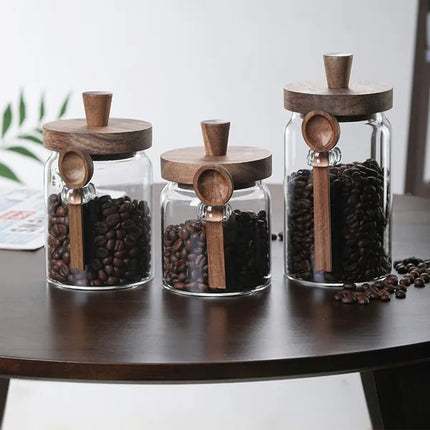 Clear Glass Food Storage Jars (3 Pack) – Built-in Serving Spoons & Natural Bamboo Lids – Perfect for Sugar, Tea & Seasoning