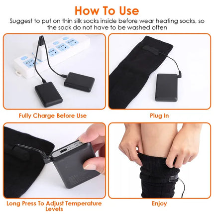 Rechargeable Electric Heated Socks – 4 Temperature Levels – Battery Powered Feet Warmer for Men & Women – Washable Thermal Socks for Skiing, Hiking & Hunting