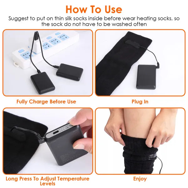 Rechargeable Electric Heated Socks – 4 Temperature Levels – Battery Powered Feet Warmer for Men & Women – Washable Thermal Socks for Skiing, Hiking & Hunting