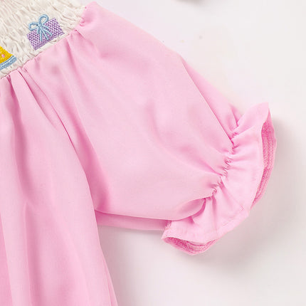 Baby Girl First Birthday Smocked Romper – Embroidered Birthday Cake Princess Bodysuit – Vintage Style Short Sleeve Bubble Romper