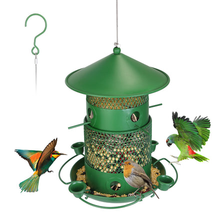 All-Metal Squirrel-Proof Bird Feeder – Chew-Proof Hanging Seed Dispenser with 360° Circular Perch & Integrated Water Cups – Heavy Duty Outdoor Feeder