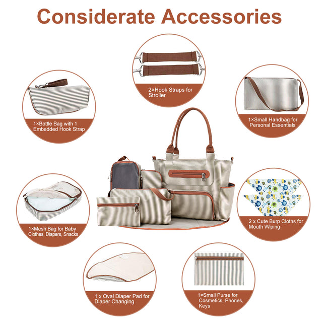 8-Piece Baby Diaper Bag Mega Set – Multi-Functional Mummy Tote with Bottle Bag, Mesh Organizer, Changing Pad & Stroller Straps