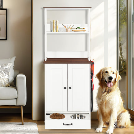 Elevated Pet Feeding Station with Adjustable Bowls – Modern Dog & Cat Feeder with Integrated Storage Cabinet – Two-Tone Particle Board Design – Keeps Pet Food & Supplies Organized