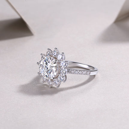 Sunflower Halo Statement Ring – 3 Carat Moissanite Brilliant Cut – S925 Sterling Silver Platinum Plated – Luxury Engagement & Promise Ring