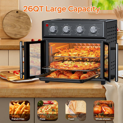 XXL 28L Air Fryer Toaster Oven – French Door Design – 1700W Convection Oven for Pizza, Roast, Toast & Grill – Fits 12" Pizza