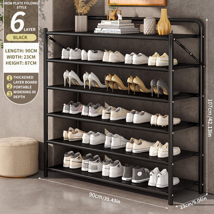 90cm Wide Folding Metal Shoe Rack – 5/6 Tier Heavy-Duty Iron Plate Shoe Organizer – No-Assembly Industrial Shoe Shelf, Black