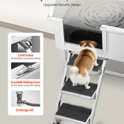38-Inch Professional Stainless Steel Dog Grooming Tub – Pet Wash Station with Walk-In Stairs, Left Door & Faucet Set