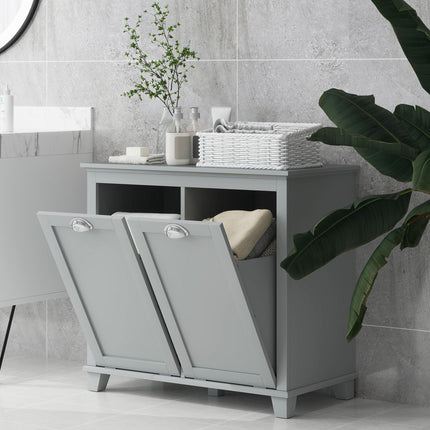 Double Tilt-Out Laundry Cabinet with 2 Removable Compartments – Space-Saving Bathroom Sorter – Contemporary Gray Finish