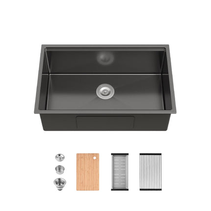 30-Inch Black Stainless Steel Workstation Sink – Handmade Undermount Single Bowl Kitchen Sink with Cutting Board & Colander