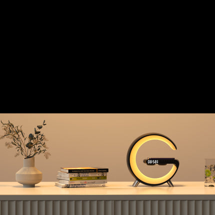 4-in-1 Smart G-Shape LED Atmosphere Lamp – Fast Wireless Charger, Bluetooth Speaker, & Sunrise Wake-Up Light – App Control RGB Nightstand Lamp