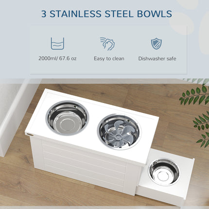 Elevated Dog Feeder Station with Storage Cabinet – 3 Stainless Steel Bowls & Slow Feeder Mat – Furniture-Style Raised Bowls for Large & Extra Large Dogs (White)