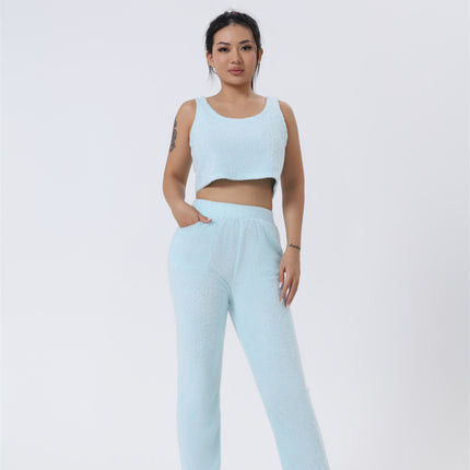 3-Piece Fluffy Lounge Set – Ultra-Soft Plush Knit Pajama Set – Cozy Crop Top, High Waist Pants & Long Cardigan Trio – Winter Warm Sleepwear