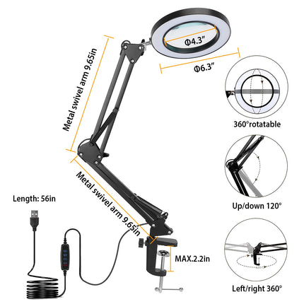 8X LED Magnifying Lamp with Clamp & Stand – 2-in-1 Swing Arm Desk Lamp – 3 Color Modes & 10 Brightness Levels for Craft, Repair, and Reading