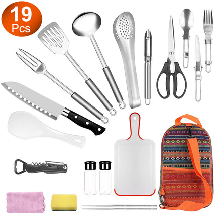 ProExplorer™ 19pcs Picnic Cookware Organizer – Heavy-Duty Campfire Utensil Set for BBQ, Hiking & Travel