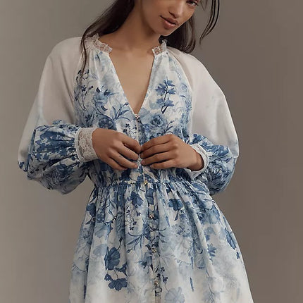 Vintage Floral Stand-Up Collar Mini Dress – Elegant Puff Sleeve High Waist Dress for Casual Outfits & Events