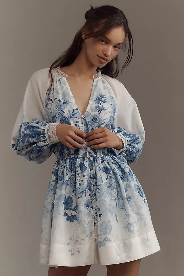 Vintage Floral Stand-Up Collar Mini Dress – Elegant Puff Sleeve High Waist Dress for Casual Outfits & Events