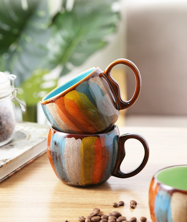 Creative Ceramic Coffee Mug Set – Modern Nordic Design with Matching Lid and Gold Stirring Spoon