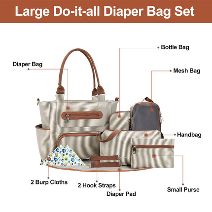 8-Piece Baby Diaper Bag Mega Set – Multi-Functional Mummy Tote with Bottle Bag, Mesh Organizer, Changing Pad & Stroller Straps