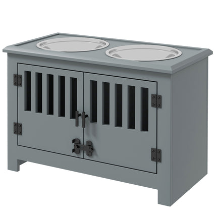 Modern Gray Dog Feeding Station with Food Storage – Wooden Pet Feeder Cabinet with 2 Stainless Steel Bowls – Space-Saving Hidden Pet Station
