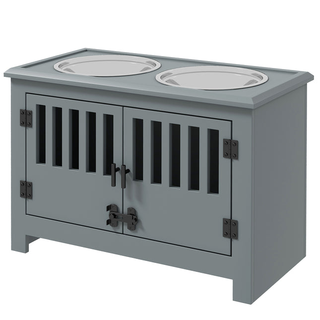 Modern Gray Dog Feeding Station with Food Storage – Wooden Pet Feeder Cabinet with 2 Stainless Steel Bowls – Space-Saving Hidden Pet Station