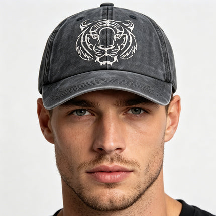Vintage Washed Cotton Tiger Embroidered Baseball Cap – Adjustable Low-Profile Wildlife Hat for Men & Women