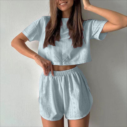 Women's 2-Piece Hollow Out Crop Top and Shorts Set – Breathable Summer Lounge Outfit for Casual Wear & Active Days