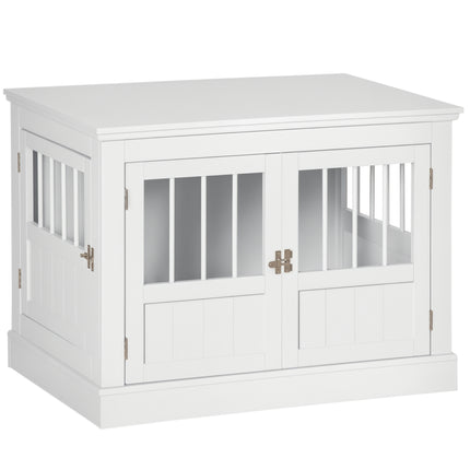 Furniture Style Dog Crate End Table – Wooden Pet Kennel with Triple Doors – White Decorative Dog House for Small Dogs – Multi-Functional Side Table